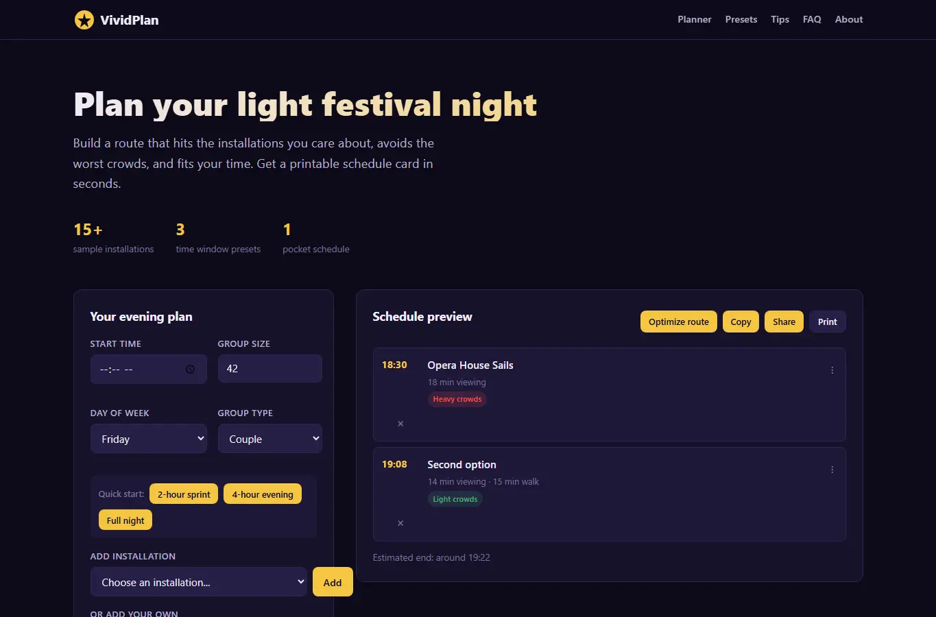Screenshot of VividPlan: Light Festival Night Out Planner interface showing the project page in use